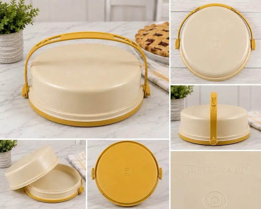 Vintage Tupperware Pie Carrier Harvest Gold Round Pie Keeper w Handle